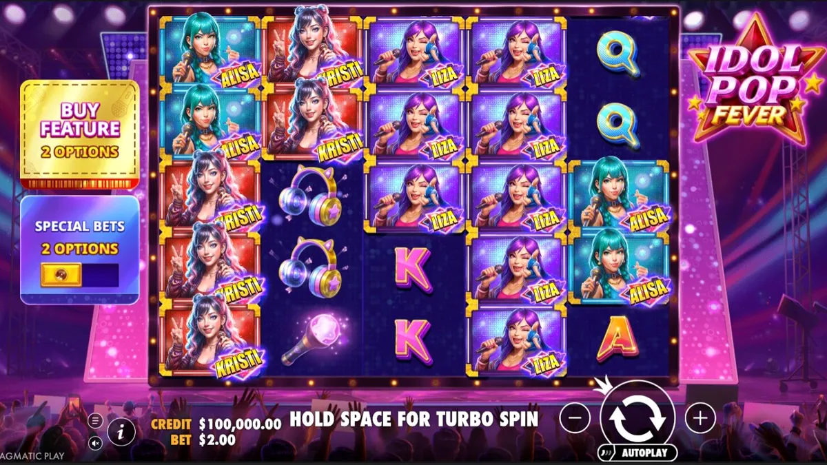 Idol Pop Fever slot game screen na may neon concert theme